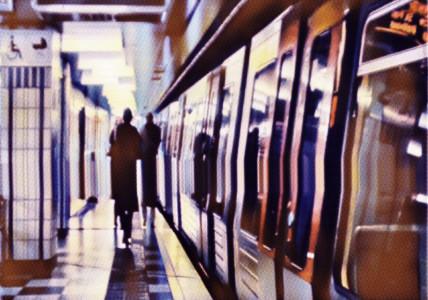 Ein Blick in einen Bahnhof. Drei Menschen bewegen sich vom Betrachter weg. Daneben steht der Zug, bereit zur Abfahrt.